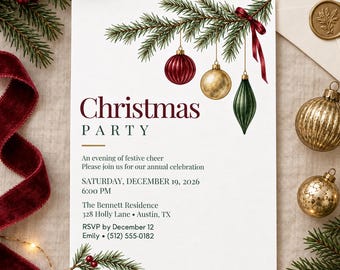Op de afbeelding: Een witte kerstfeest uitnodigingskaart met een dennentak, een rood lint en drie hangende ornamenten in rood, goud en groen. De tekst luidt: Christmas PARTY, An evening of festive cheer, Saturday, December 19, 2026, 6:00 PM.