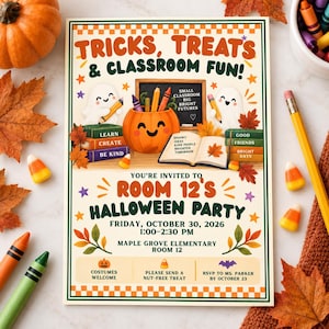 Halloween Classroom Party Bundle, Teacher PTA Invitation, School Halloween Party, Editable Canva Template, Printable Activity Kit