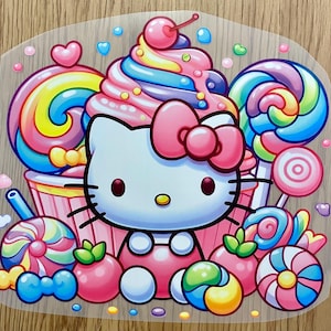 May include: A colorful illustration featuring a cartoon cat surrounded by sweets. The cat has a large pink bow and is set against a backdrop of cupcakes, lollipops, and candies in various colors, including pink, blue, and rainbow hues.