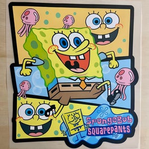 May include: A multi-panel sticker featuring SpongeBob SquarePants in various poses with pink jellyfish on yellow and blue backgrounds. The design includes a small drawing of the character and the text SpongeBob SquarePants in a blue splash shape.