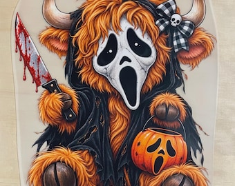 May include: A sticker featuring a fluffy orange Highland cow wearing a black hooded cloak and a white ghost mask. The cow holds a bloody knife in one hoof and an orange pumpkin bucket in the other, with a black and white checkered bow and skull charm.