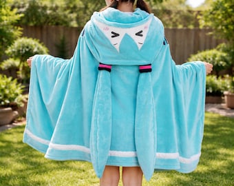 Hatsune Miku draagbare deken met capuchon, kawaii anime pluche plaid, extra grote deken met capuchon voor fans, gezellige fleece poncho, cadeau voor animeliefhebbers