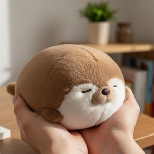 Könnte beinhalten: Ein kuscheliges, rundes Seehund-Spielzeug in Braun- und Weißtönen. Der Seehund hat geschlossene Augen, eine kleine braune Nase und ein weiches Aussehen. Das Spielzeug wird in zwei Händen gehalten, was auf ein komfortables, kuscheliges Design hindeutet.