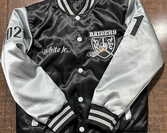 Satijnen bomberjack Raiders: vintage NFL-teamkleding