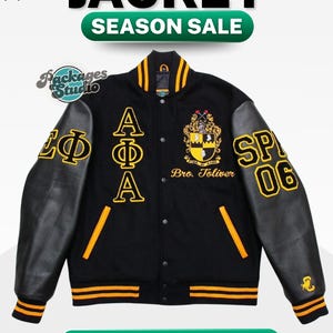 May include: Black varsity jacket with leather sleeves, featuring gold and yellow embroidered lettering and patches. The jacket has a button-up front and striped cuffs and collar. Text on the jacket includes "JACKET SEASON SALE" and "HURRY, WHILE STOCKS LAST!"