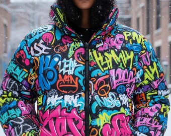 Street Graffiti Puffer Jacket | Urban Unisex Winter Coat