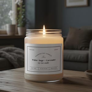 White Sage Lavender Candle: 9oz Soy Wax, Reusable Glass Jar