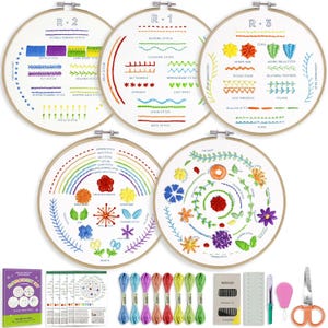 5PCS Beginner Embroidery Kit Set, Learn Embroidery Sampler Kit, Embroidery Stitch Kit for Beginners, Progressive Learning Embroidery Kit