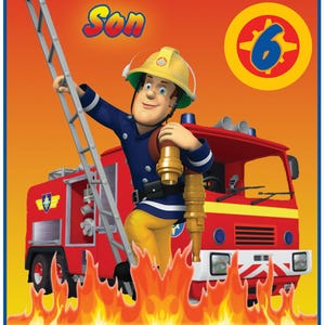 May include: A rectangular birthday card featuring Fireman Sam in a yellow helmet and blue uniform climbing a ladder against a red fire engine. The text reads Happy Birthday Son, the number 6, and the name Christopher, with orange flames below.