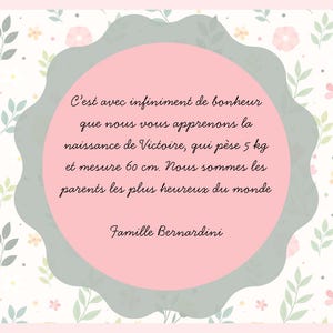 Faire-part de naissance fille - Carte / Papeterie de naissance Imprimable 15 x 10 cm