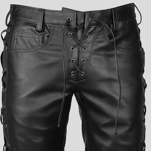 Men&#39;s Black 100% Genuine Leather Side Laces Style Biker Leather Pants, Mens Real Leather Slim Fit Motorcycle Pant, Club Pants, Gothic Pants