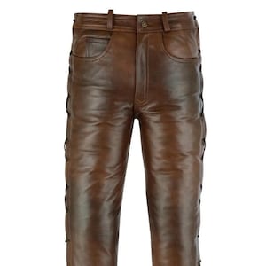 Men&#39;s Dark Brown Distressed Leather Side Laces Bikers Pant, Men Brown Wax Leather Cafe Racer Pant, Party Pants, Club Pant, Gift For Him