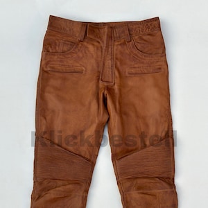 Men&#39;s Tan Brown Genuine Lambskin Distressed Leather Slim Fit Biker Motorcycle Pants, Men&#39;s Brown Wax Leather Pants, Brown Leather Trouser