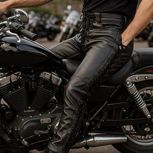 Mens Black 100% Genuine Cowhide Leather Side Laced Up Stylish Motorcycle Pants, Mens Cowhide Leather Slim Fit Biker Pants, Gift For Him