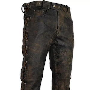 Mens Brown Wax Leather Side Laces Cafe Racer Pant, Men Brown Distressed Cowhide Leather Slim Fit Motorcycle Pant, Club Pants, Boyfriend Gift