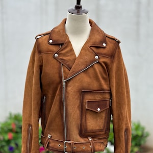 Blouson motard homme en cuir véritable marron, Blouson moto coupe slim en cuir effet vieilli marron style western en daim, Blouson en cuir suédé