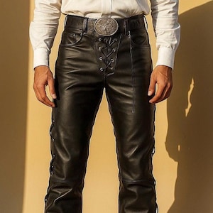 Mens Black Lambskin Leather Side Laces Biker Leather Pants, Mens Real Leather Slim Fit Motorcycle Pant, Gothic Pants, Trouser Pants
