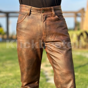 Men&#39;s Dark Brown Distressed Leather Biker Pant, Men&#39;s Brown Wax Leather Motorcycle Pant, Brown Leather Pants, Leather Trouser, Gift For Him