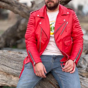 Men&#39;s Red Lambskin Leather Biker Jacket: Slim Fit Motorcycle Coat