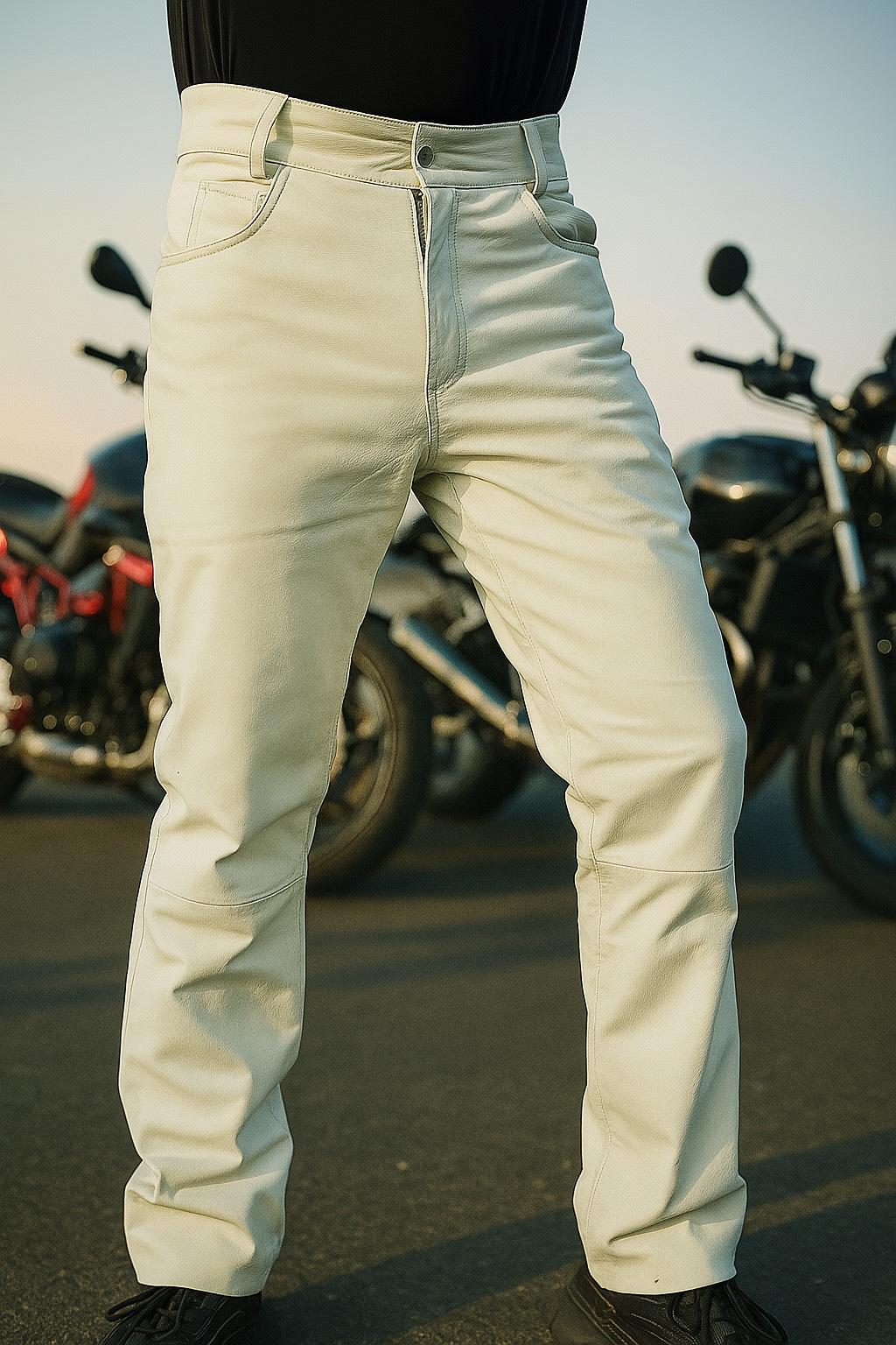 Mens White Lambskin Leather Biker Pants Motorcycle Trousers