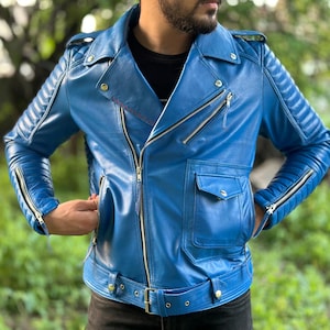 Men&#39;s Blue 100% Genuine Lambskin Leather Biker Jacket, Men&#39;s Blue Leather Slim Fit Quilted Motorcycle Jacket, Leather Jacket, Gift For Him