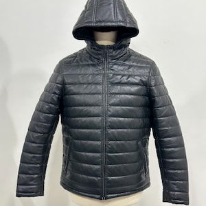 Men&#39;s Black Lambskin Leather Puffer Jacket: Hooded & Quilted
