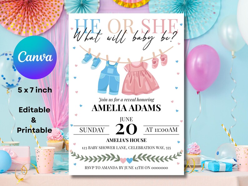 Editable He or She Gender Reveal Invitation Canva Template Invite, Boy ...