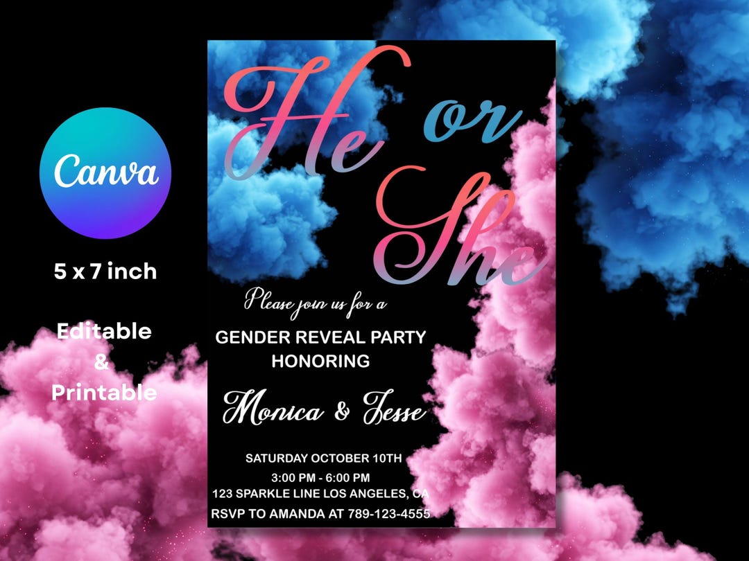 Editable He or She Gender Reveal Invitation Canva Template Invite, Boy ...