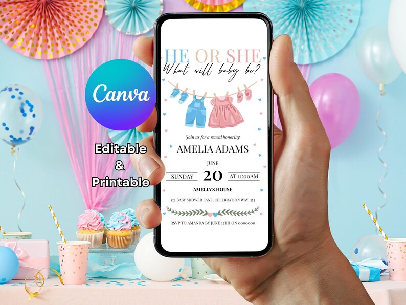 He or She Evite Gender Reveal Invitation, Editable Canva Template ...
