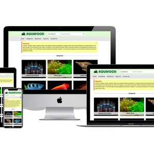 Peut inclure: Site web AQUAFOOD affiché sur un ordinateur de bureau, un ordinateur portable, une tablette et un smartphone. Le site Web présente des catégories de produits, notamment des produits d'entretien d'aquarium, des plantes aquatiques et des escargots aquatiques. Le site Web est vert et blanc.