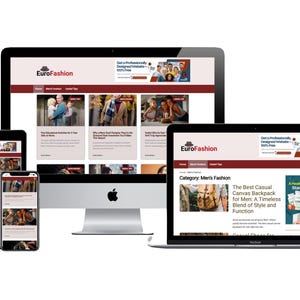 May include: A digital display of a website on multiple devices, including a desktop computer, laptop, tablet, and smartphone. The website, EuroFashion, features articles on men's fashion. The laptop screen displays "The Best Casual Canvas Backpack for Men: A Timeless Blend of Style and Function."