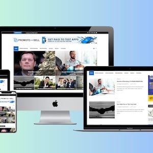 May include: A collection of electronic devices, including a desktop computer, laptop, tablet, and smartphone, displaying a website with the text "Promote to Sell" and articles about making money online.