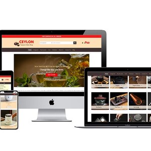 Może przedstawiać: Witryna internetowa wyświetlana na komputerze stacjonarnym, laptopie, tablecie i smartfonie. Witryna należy do Ceylon Tea Online Shop. Komputer stacjonarny ma logo Apple.