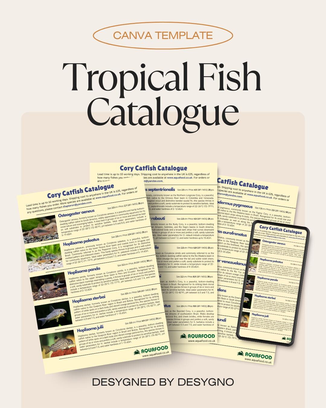 Cory Catfish Catalogue Template Canva Editable Fish Stock List