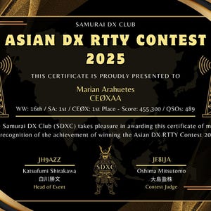 May include: A gold certificate with black text and a black and gold border. The certificate is for the Asian DX RTTY Contest 2025 and is presented to Marian Arahuetes CEØXAA. The certificate states that Marian Arahuetes CEØXAA won 1st place with a score of 455,300 and 489 QSOs. The certificate is signed by Katsufumi Shirakawa, Head of Event, and Oshima Mitsutomo, Contest Judge.