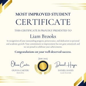 Puede incluir: Un certificado de Estudiante Más Mejorado con detalles dorados y azul marino. El certificado se presenta a Liam Brooks e incluye las firmas de Olivia Carter y Daniel Hayes. El texto dice "Felicitaciones por su merecido éxito."