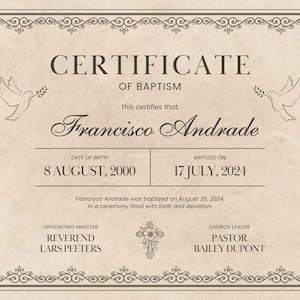Plantilla de certificado de bautismo / Editable en Canva / Imprimible para iglesias cristianas / Recuerdo religioso / Descarga digital