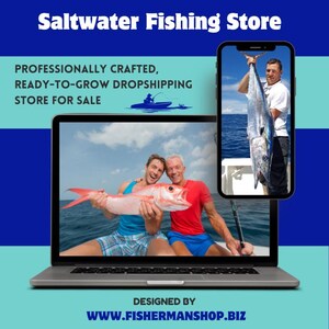 May include: A laptop and smartphone display images of people with fish, promoting a saltwater fishing store. The laptop shows two men holding a red fish. The smartphone displays a man holding a large fish. Text on the image reads "Saltwater Fishing Store".
