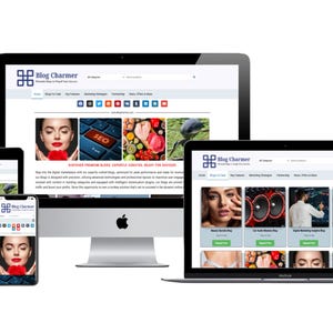 May include: A set of electronic devices showing a website. The devices are a desktop computer, a laptop, a tablet, and a smartphone. The website displays a logo, images, and text, showcasing a blog.