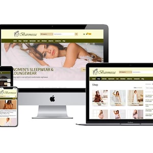 May include: A digital display of a website showcasing women's sleepwear and loungewear. The website is displayed on a desktop computer, a laptop, a tablet, and a smartphone, all with the same branding and product images.