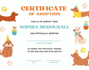 Plantilla de certificado de adopción de cachorro / Certificado de adopción de mascota editable en Canva / Certificado de perro imprimible para niños / Descarga digital