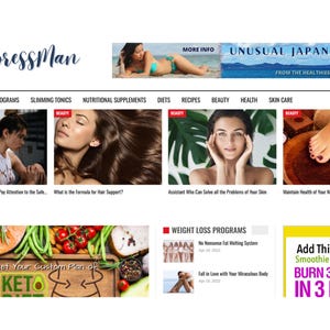 May include: A website homepage with the logo "ImpressMan" and navigation links for weight loss, beauty, and skin care. The page features images and text promoting health and wellness products, including weight loss programs and Japanese tonic.