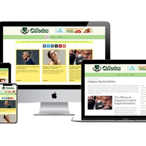 May include: A digital marketing image showcasing a website displayed on a desktop computer, laptop, tablet, and smartphone. The website features articles on health and nutrition, with the logo "Chilodus" visible on each device.