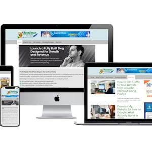 Peut inclure: Plusieurs appareils numériques, dont un ordinateur de bureau, un ordinateur portable, une tablette et un smartphone, affichent du contenu de site web. L'écran de l'ordinateur de bureau affiche "Launch a Fully Built Blog Designed for Growth and Revenue".