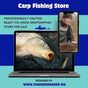 May include: A laptop screen displays a close-up of a carp fish in a net, with a smartphone showing a fisherman holding a fish. Text reads "Carp Fishing Store" and "Professionally Crafted, Ready-to-Grow Dropshipping Store for Sale."