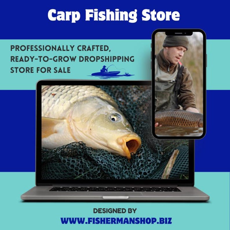 May include: A laptop screen displays a close-up of a carp fish in a net, with a smartphone showing a fisherman holding a fish. Text reads "Carp Fishing Store" and "Professionally Crafted, Ready-to-Grow Dropshipping Store for Sale."