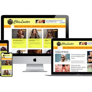 May include: A digital display of a website, Chic Luster, on a desktop computer, laptop, tablet, and smartphone. The website features articles on beauty and hair care. The logo is at the top of each screen.