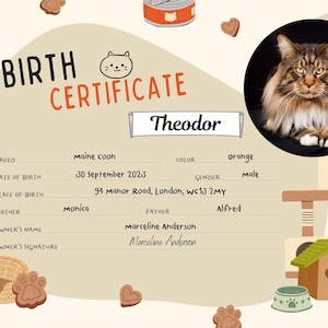 Bewerkbare sjabloon geboorteakte kat | Canvas huisdieraandenken | Leuk afdrukbaar kittencertificaat | Digitaal kattendocument
