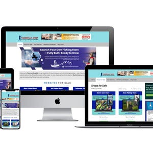 May include: A display of electronic devices showcasing a website for a fishing store. The devices include a desktop computer, laptop, tablet, and smartphone, all displaying the same website design. The website's banner reads "FISHERMAN SHOP".
