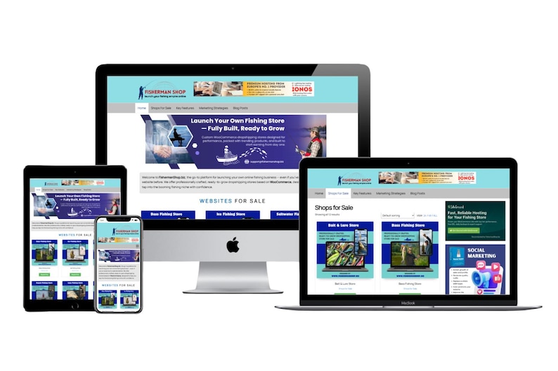 May include: A display of electronic devices showcasing a website for a fishing store. The devices include a desktop computer, laptop, tablet, and smartphone, all displaying the same website design. The website's banner reads "FISHERMAN SHOP".
